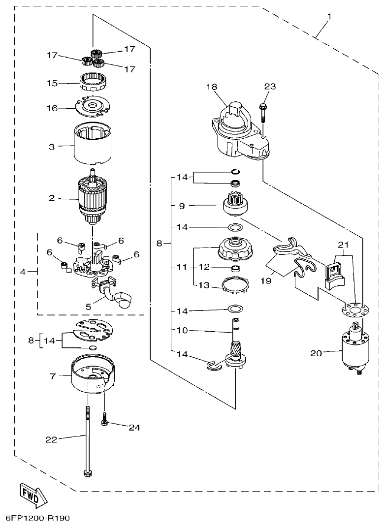 Yamaha F80DET, F100FET STARTING MOTOR parts diagram